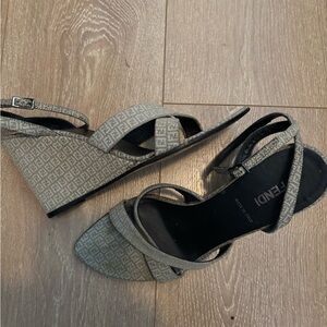 Fendi Beige Patterned Wedge Sandals